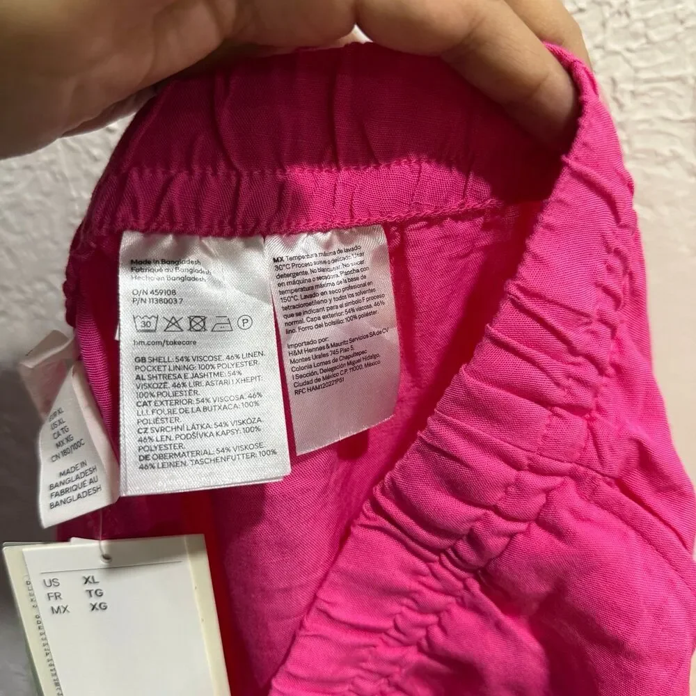 H&M Linen Blend High Waisted Cropped Baggy Pants Hot Pink Women’s Size XL